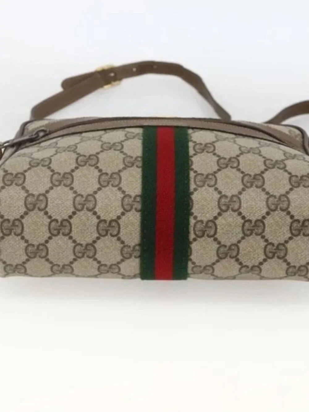 GUCCI GG Supreme Web Sherry Line Bag PVC Beige Gold 75 02 004 Auth BAZ578